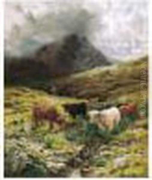 Cattle Watering In The Highlands Oil Painting by Louis Bosworth Hurt