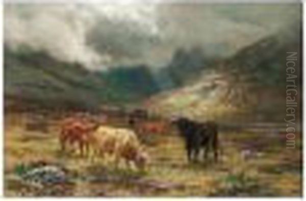 Highland Cattle In A Glen Oil Painting by Louis Bosworth Hurt