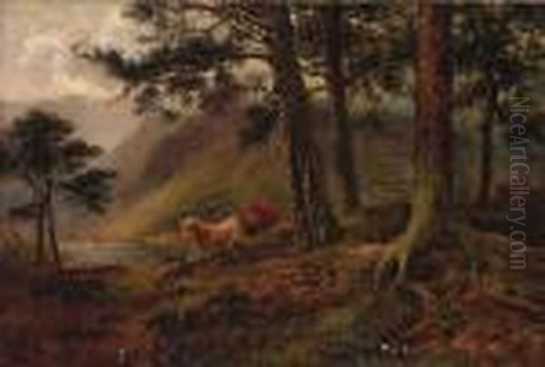 Highland Cattle In A Loch Landscape Oil Painting by Louis Bosworth Hurt