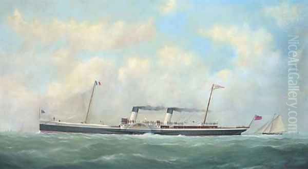 The cross-Channel paddlesteamer Paris (II) outward bound for France with a racing cutter astern of her Oil Painting by George Mears