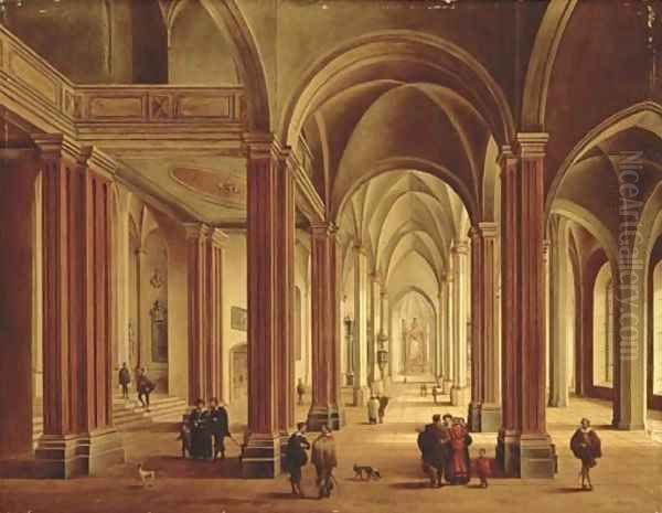 The interior of a Gothic Cathedral with elegant figures Oil Painting by Johann Ludwig Ernst Morgenstern