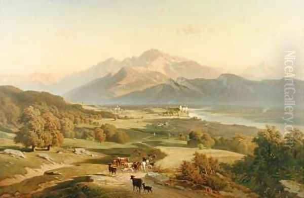 Drover on Horseback with his Cattle in a Mountainous Landscape with Schloss Anif, Salzburg beyond 1870 Oil Painting by Josef Mayburger