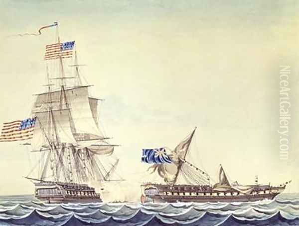 Naval engagement between the U S Frigate Constitution and H M Frigate Java Oil Painting by Montardier