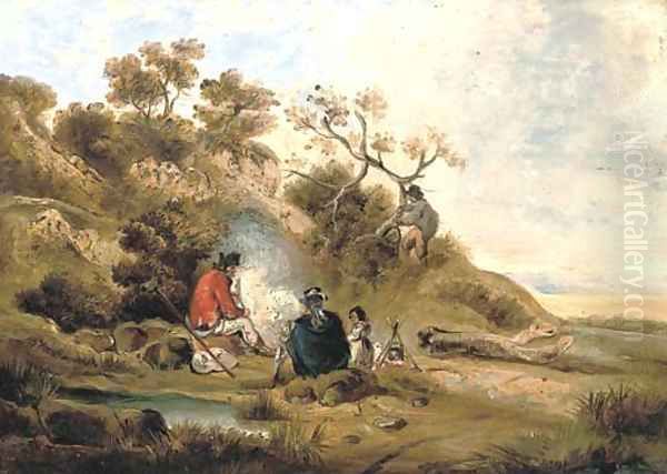 A wooded river landscape with figures by a camp fire Oil Painting by George Morland