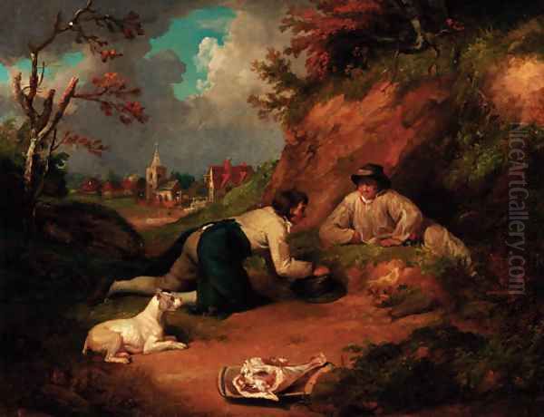 Boys rabbiting with a village beyond Oil Painting by George Morland