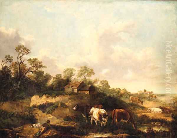 A Drover And Cattle Resting In A Wooded Landscape Oil Painting by George Morland