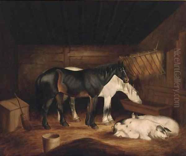 Horses and pigs in a stable Oil Painting by George Morland