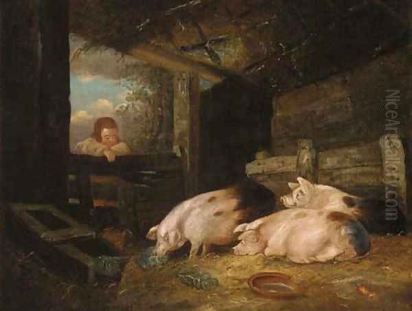 Pigs in a sty with a child at the gate Oil Painting by George Morland