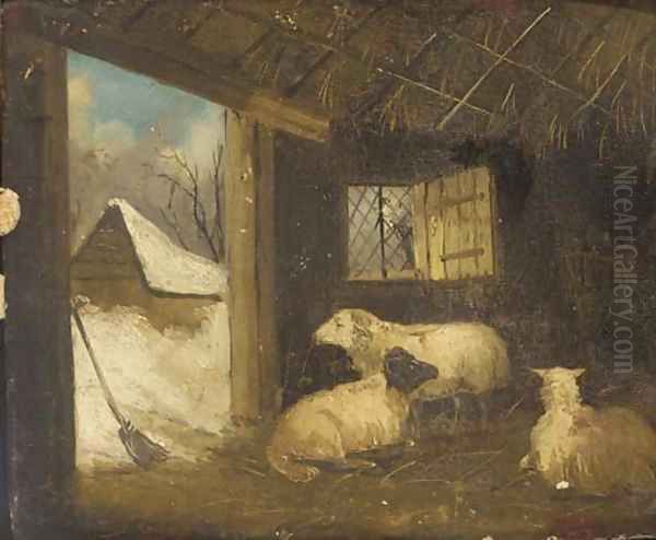 Sheep in a stable in winter Oil Painting by George Morland