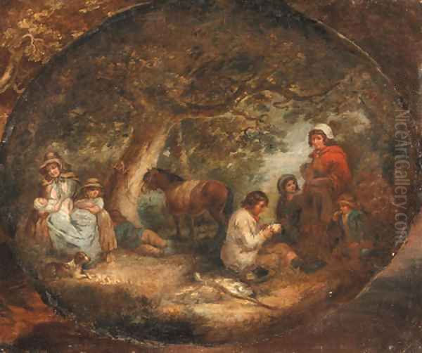 Travellers resting in a wooded landscape, in a painted oval Oil Painting by George Morland