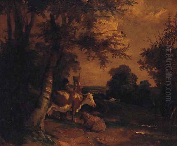 Figures with Cattle and Sheep in a wooded Landscape Oil Painting by George Morland