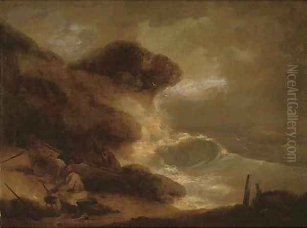 Fisherman cooking while others repair a boat in a storm Oil Painting by George Morland