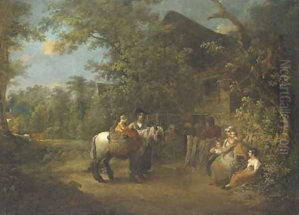 Figures by a cottage in a wooded landscape Oil Painting by George Morland