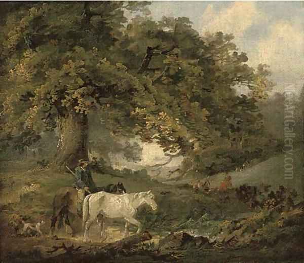 A countryman and horses in a wood, figures around a camp fire in the distance Oil Painting by George Morland