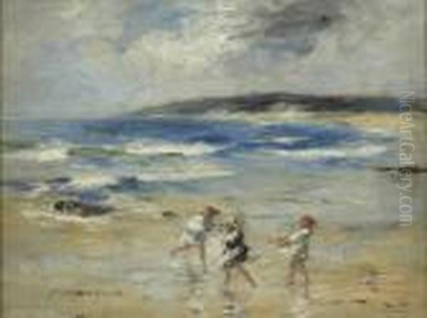 Children Playing In The Shallows Oil Painting by Robert Gemmell Hutchison