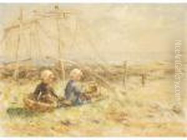 Fishergirls With Baskets Awaiting The Catch Oil Painting by Robert Gemmell Hutchison