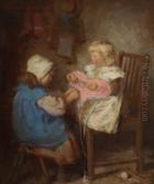 Little Knitters Oil Painting by Robert Gemmell Hutchison