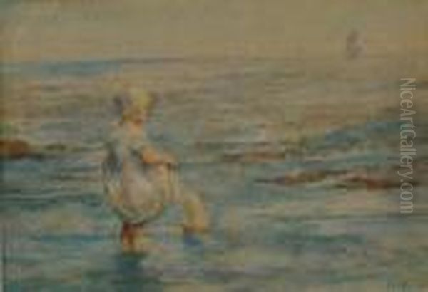 Young Girl Paddling With Yacht Oil Painting by Robert Gemmell Hutchison