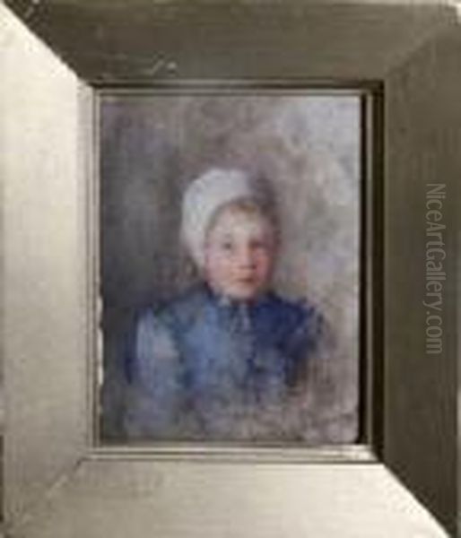 Portrait Of A Girl Wearing A Blue Dress And A White Cap Oil Painting by Robert Gemmell Hutchison