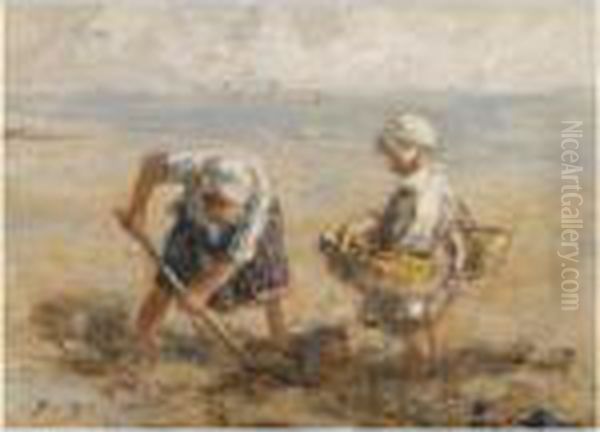 Digging On The Shore Oil Painting by Robert Gemmell Hutchison