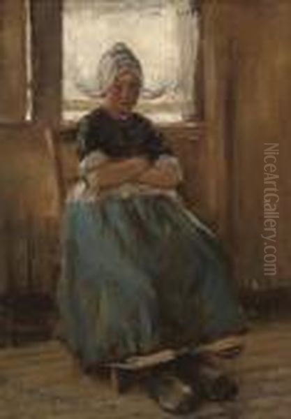 A Dutch Girl Seated In A Cottage Interior Oil Painting by Robert Gemmell Hutchison