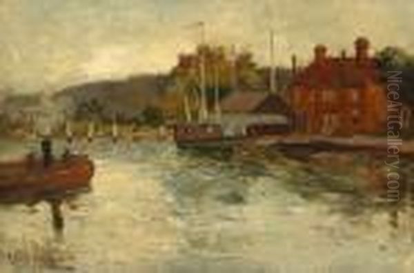 A River Landscape With A Boat Approaching A Dock Oil Painting by Robert Gemmell Hutchison