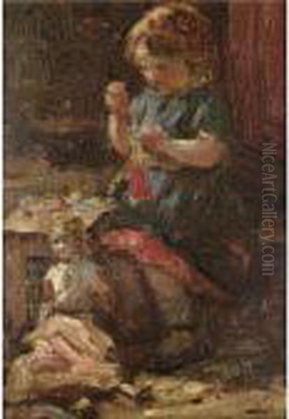 Darning Socks Oil Painting by Robert Gemmell Hutchison