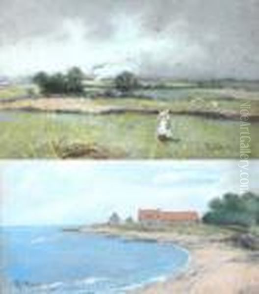 Scottish Bay Withbuildings And Woman In The Field Oil Painting by Robert Gemmell Hutchison