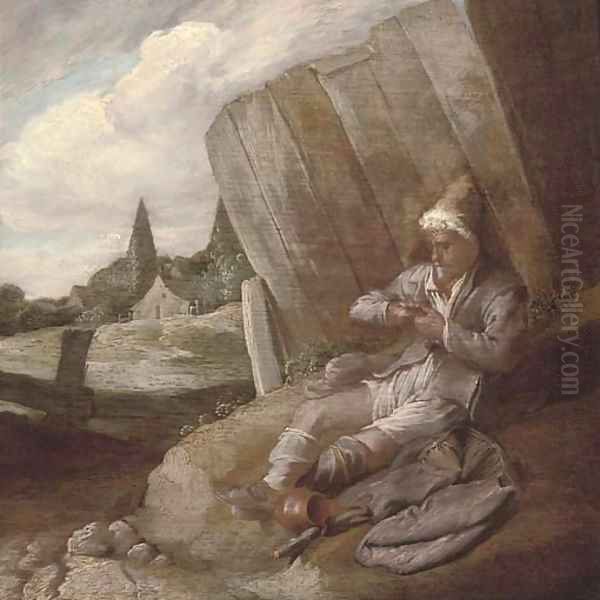 A peasant defleeing himself Oil Painting by Bartholomeus Molenaer