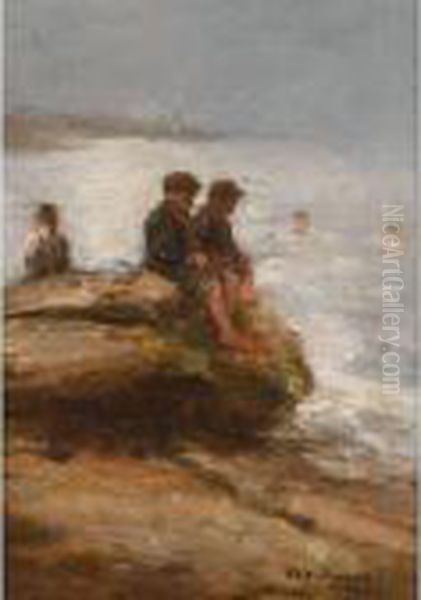 Boys Bathing Oil Painting by Robert Gemmell Hutchison