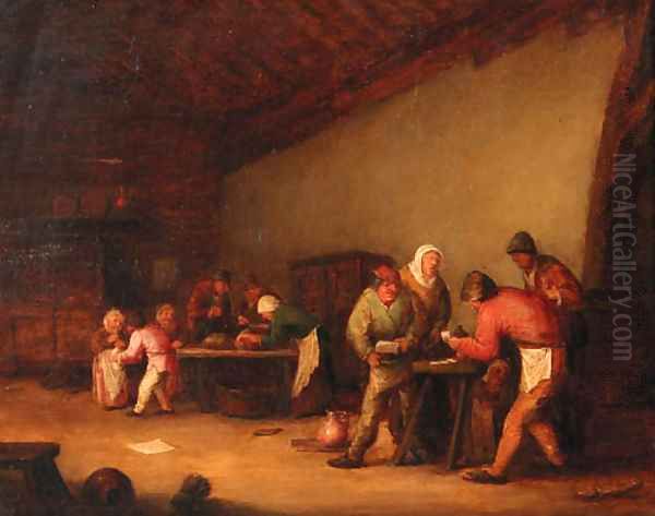 Boors playing at cards in a barn, children beyond Oil Painting by Bartholomeus Molenaer