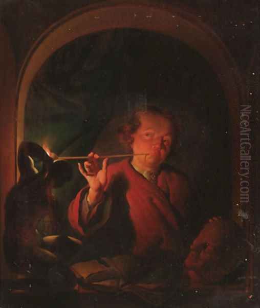 A man lighting a pipe at a casement with a bust, a statuette and books on a ledge Oil Painting by Louis de Moni