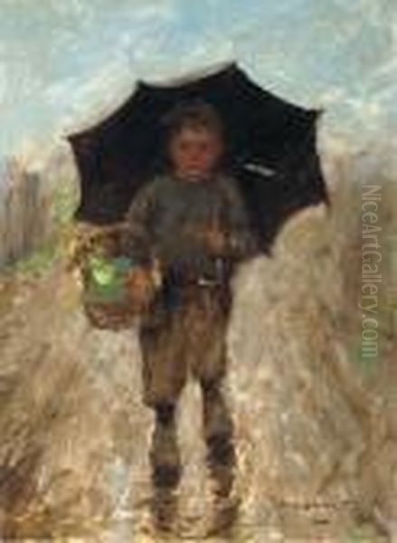 A Boy With An Umbrella Oil Painting by Robert Gemmell Hutchison