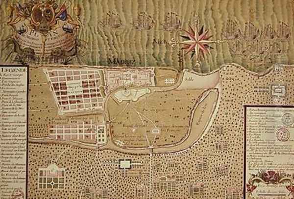 Map of Madras at the time of the capture of the town and Fort of St George in 1746 by the French under the command of Mahe de la Bourdonnais 1750 Oil Painting by Maurille Antoine Moithey