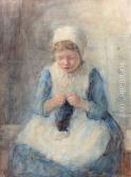 A Girl Knitting Oil Painting by Robert Gemmell Hutchison