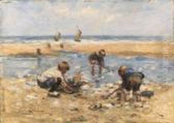 Children Playing On A Beach Oil Painting by Robert Gemmell Hutchison