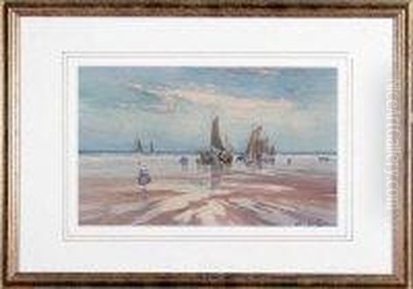 Fishing Boats And Figures On A Beach by Thomas Swift Hutton