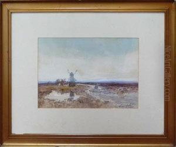 A Shepherd And Flock On A Road Near A Windmill Oil Painting by Thomas Swift Hutton