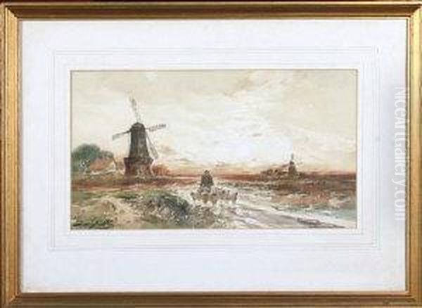 Shepherd And Flock Near A Windmill At Sunset Oil Painting by Thomas Swift Hutton