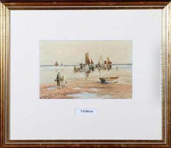 Fishing Boats On A Beach Oil Painting by Thomas Swift Hutton