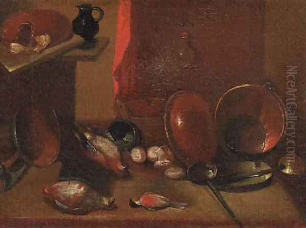 Dead songbirds, onions and kitchen utensils on a wooden table by a curtain Oil Painting by Carlo Magini