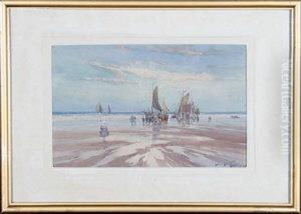 Fishing Boats And Figures On A Beach Oil Painting by Thomas Swift Hutton