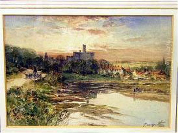 Sunset Over Warkworth Castle With River And Sheep On Track, Signed Oil Painting by Thomas Swift Hutton