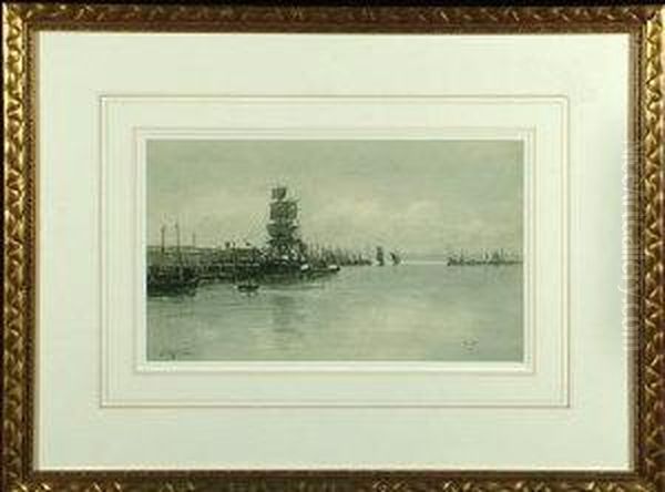 A Busy Harbour With A Fishing Fleet, Sailing Ship And Paddle Tug Oil Painting by Thomas Swift Hutton