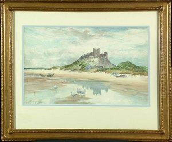 Bamburgh Beach With Gulls On The Shore - Figures, A Boat And The Castle Beyond Oil Painting by Thomas Swift Hutton