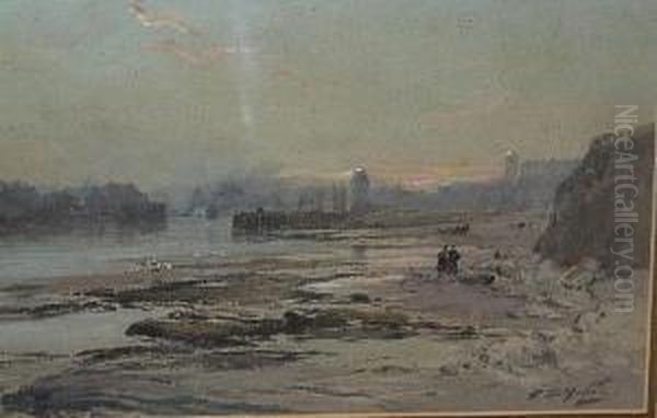 Figures On The Northumbrian Coast, A Harbour Beyond Oil Painting by Thomas Swift Hutton