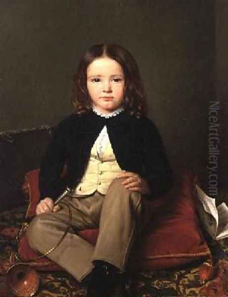 Portrait of a Boy seated on a Cushion holding a Horn Oil Painting by Charles Paulin Francois Matet