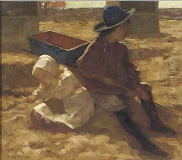 Children playing on the beach Oil Painting by Marinus Van Der Maarel