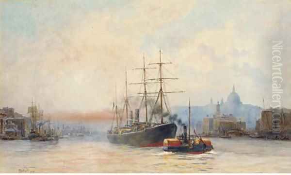 Towing down river in the Pool of London Oil Painting by Hubert James Medlycott