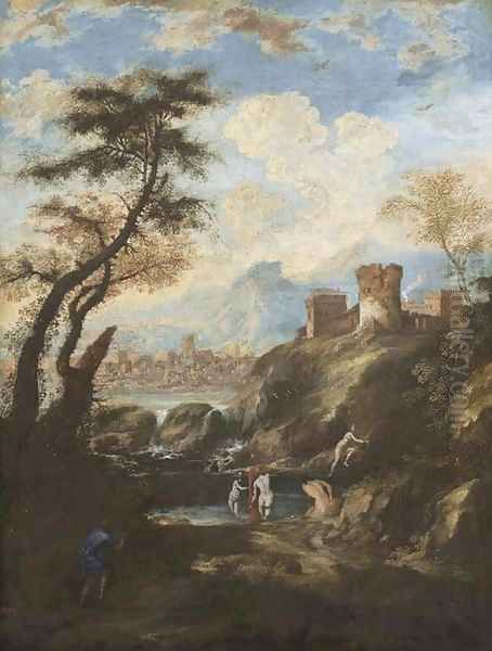 A mountainous river landscape with Diana and Actaeon Oil Painting by Antonio Marini